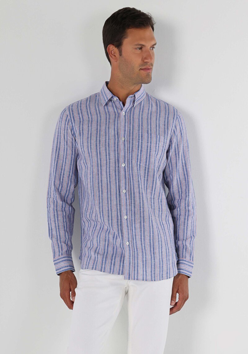 Regular Fit Shirt Neck Cepli Çizgili Erkek Mavi Uzun Kol Gömlek