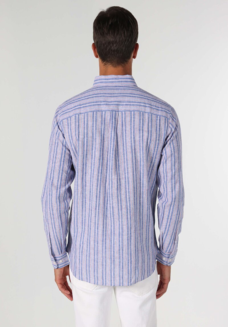 Regular Fit Shirt Neck Cepli Çizgili Erkek Mavi Uzun Kol Gömlek