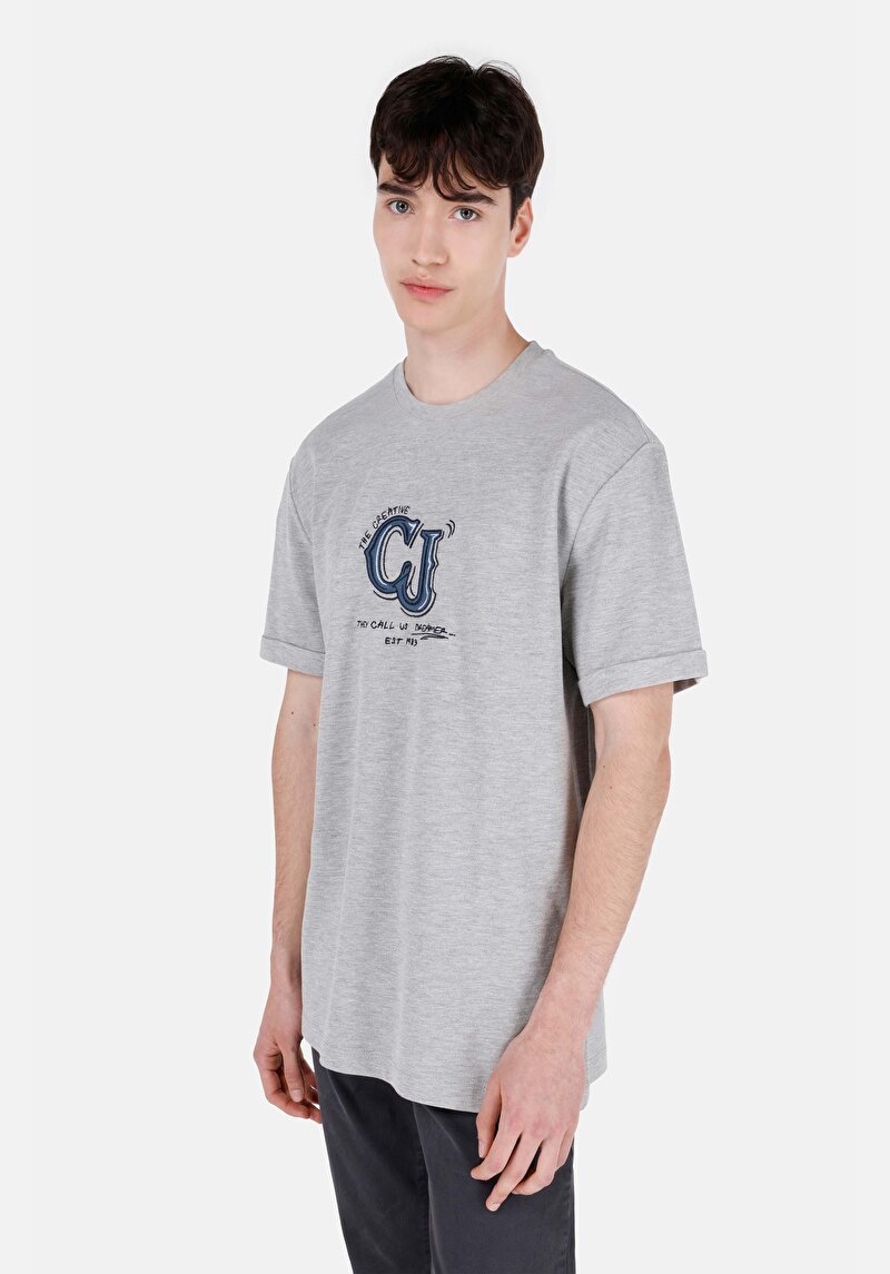 Comfort Fit Yuvarlak Yaka Düz Erkek Gri Kısa Kol Tişört