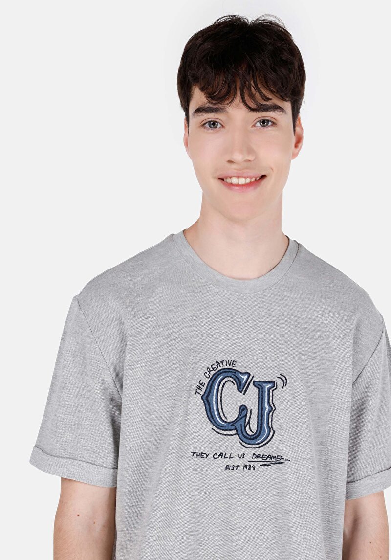 Comfort Fit Yuvarlak Yaka Düz Erkek Gri Kısa Kol Tişört