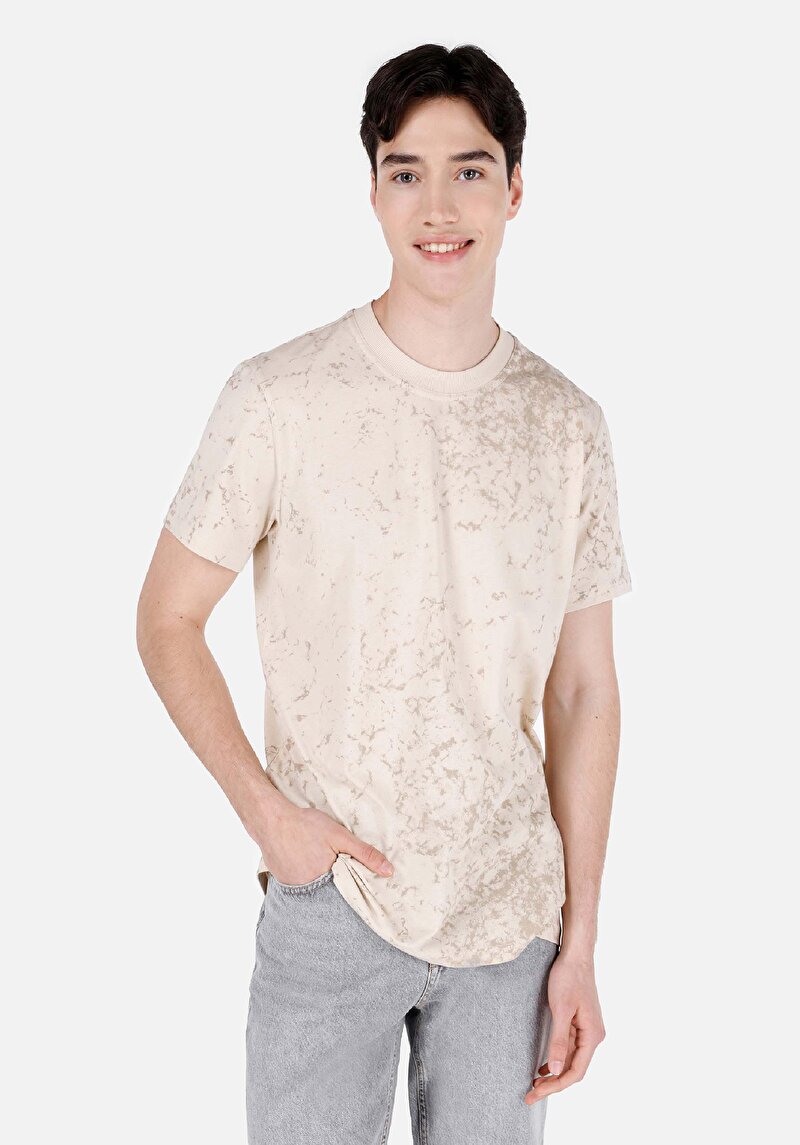 Regular Fit Yuvarlak Yaka Baskılı Erkek Bej Kısa Kol Tişört