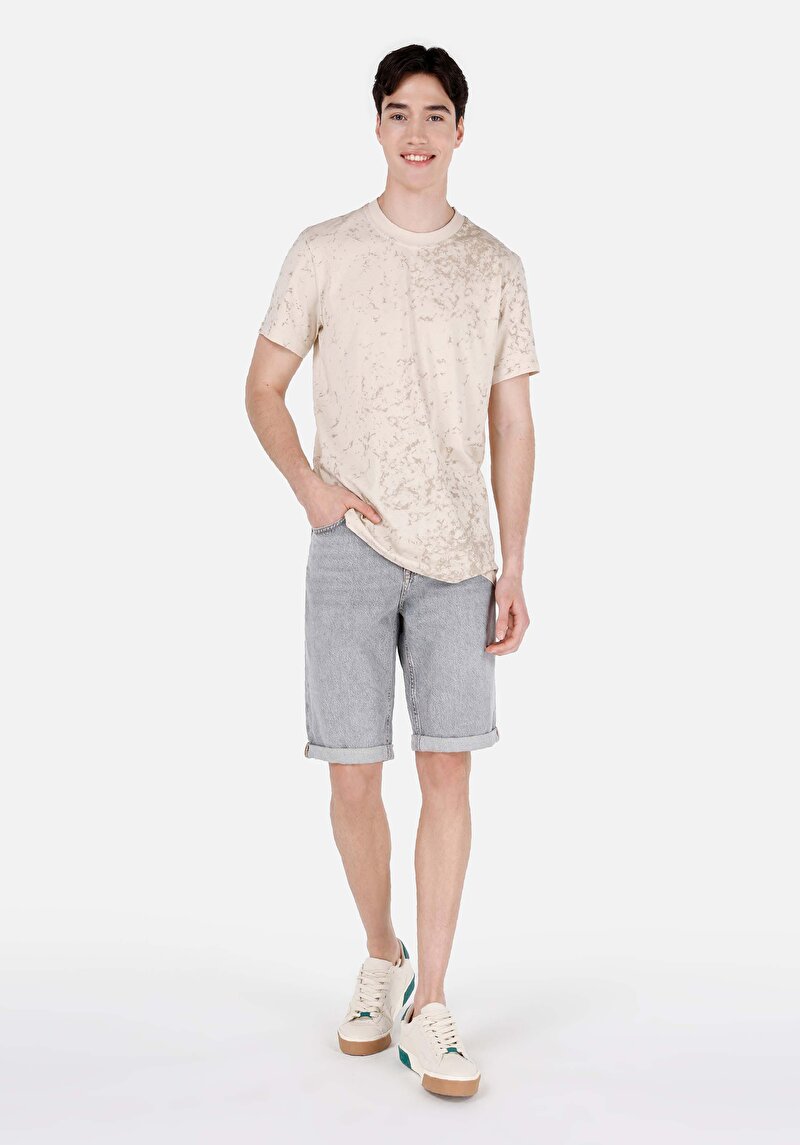 Regular Fit Yuvarlak Yaka Baskılı Erkek Bej Kısa Kol Tişört