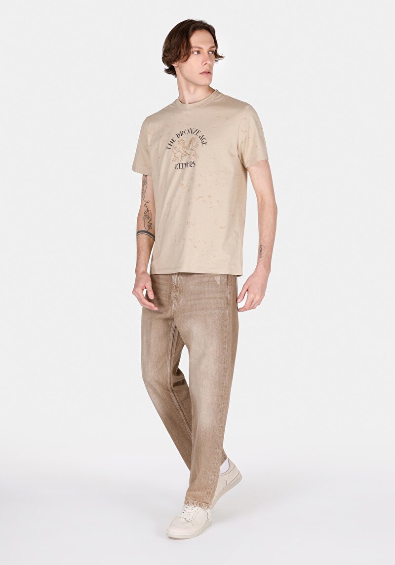 Regular Fit Yuvarlak Yaka Baskılı Erkek Bej Kısa Kol Tişört