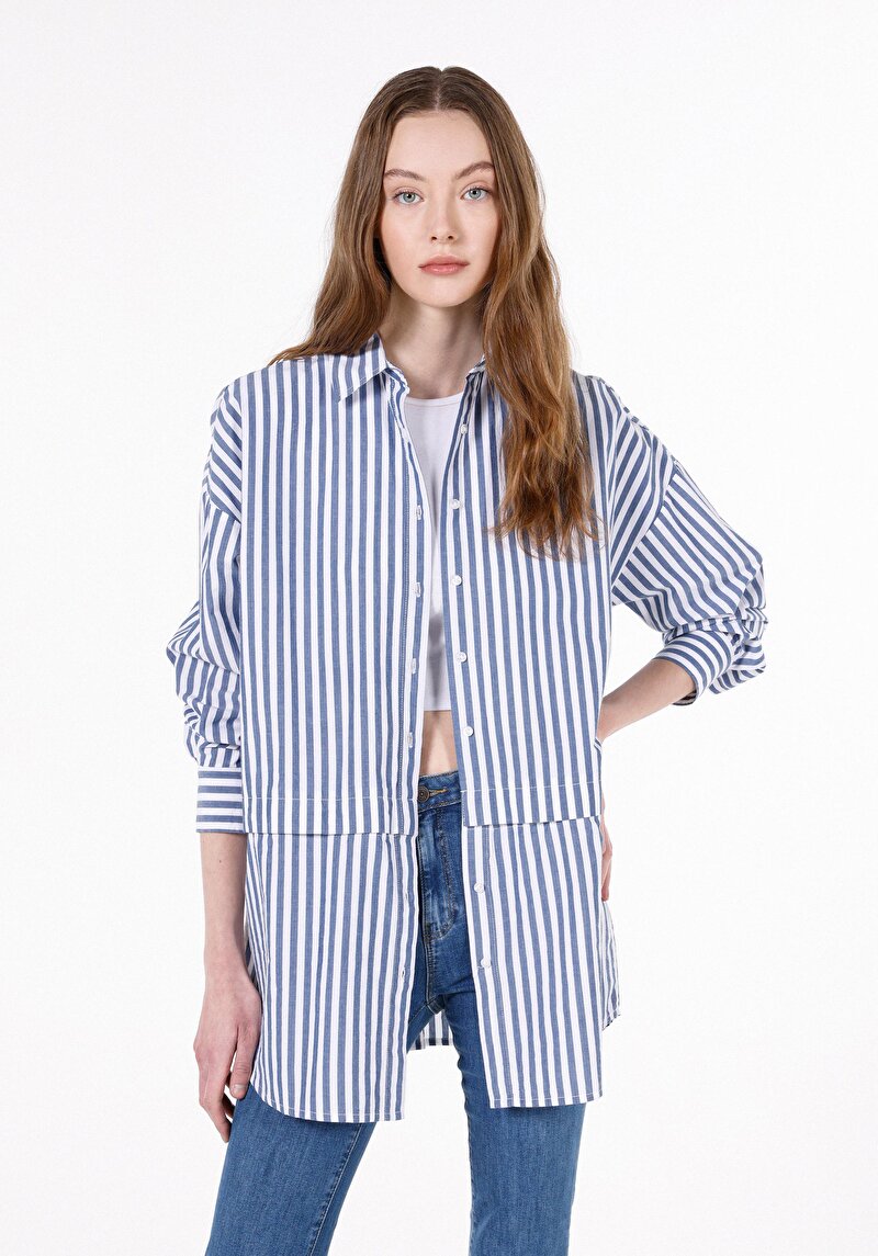 Relax Fit Shirt Neck Çizgili Kadın Mavi Uzun Kol Gömlek