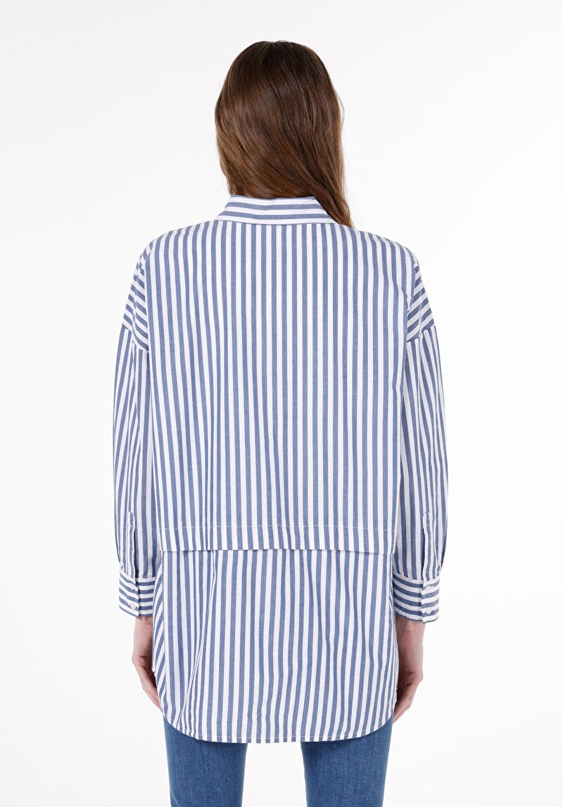 Relax Fit Shirt Neck Çizgili Kadın Mavi Uzun Kol Gömlek