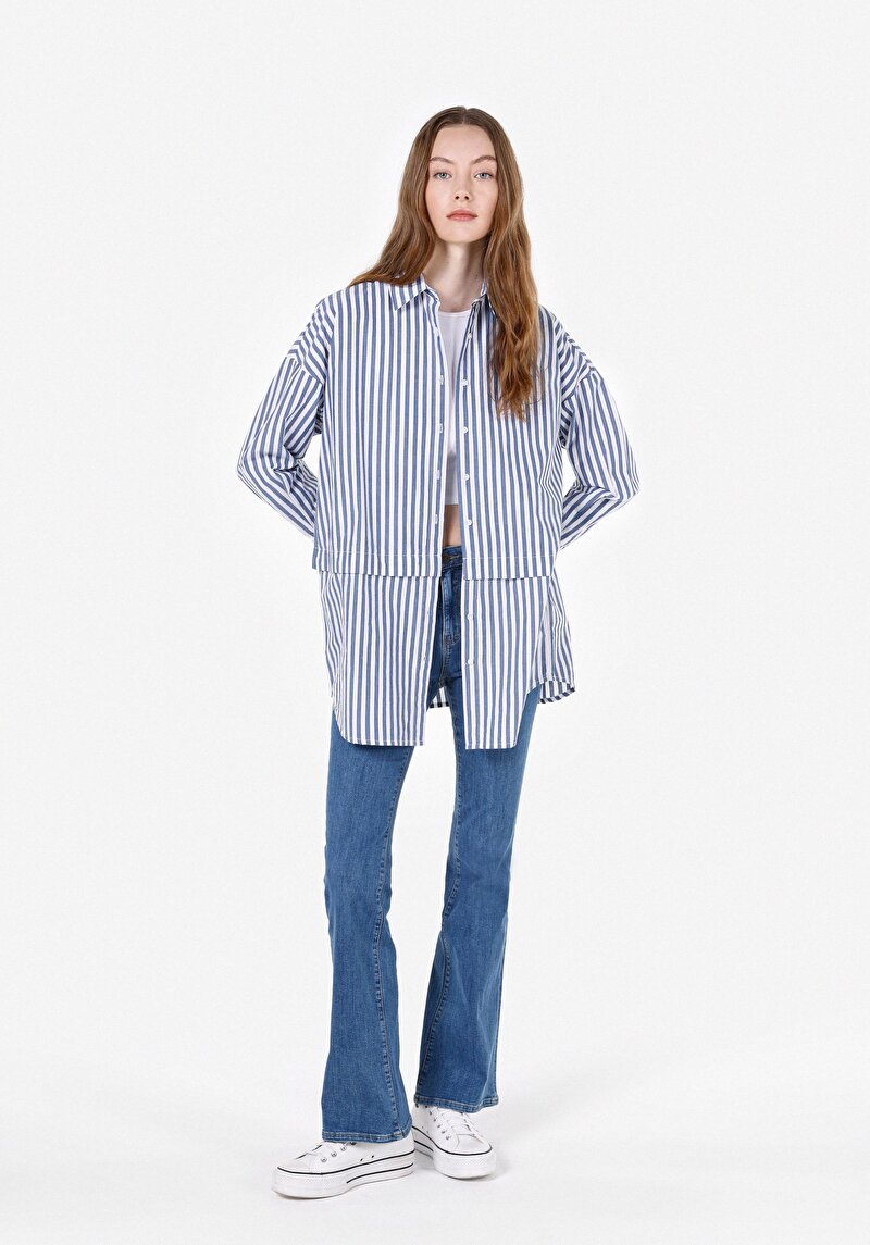 Relax Fit Shirt Neck Çizgili Kadın Mavi Uzun Kol Gömlek