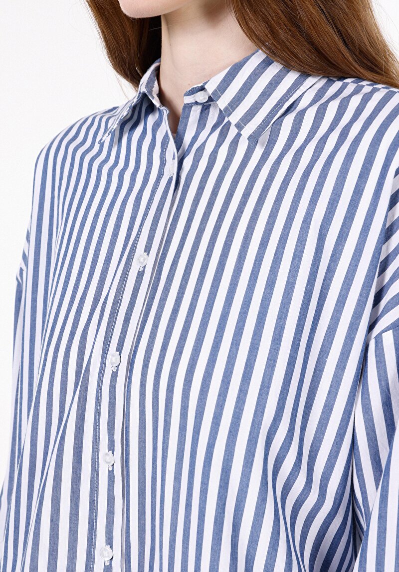 Relax Fit Shirt Neck Çizgili Kadın Mavi Uzun Kol Gömlek