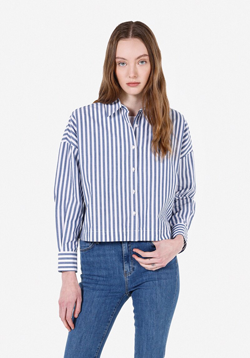 Relax Fit Shirt Neck Çizgili Kadın Mavi Uzun Kol Gömlek