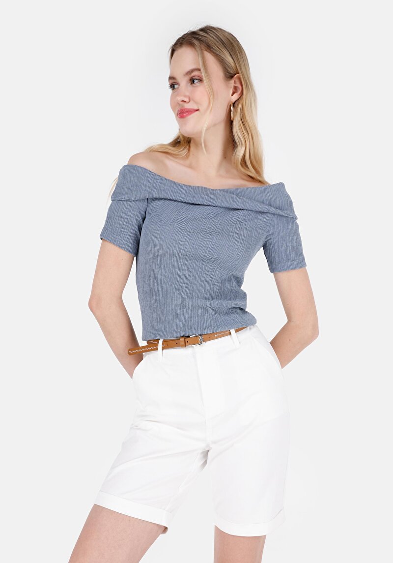 Slim Fit Kayık Yaka Düz Kadın Mavi ¾ Kol Tişört