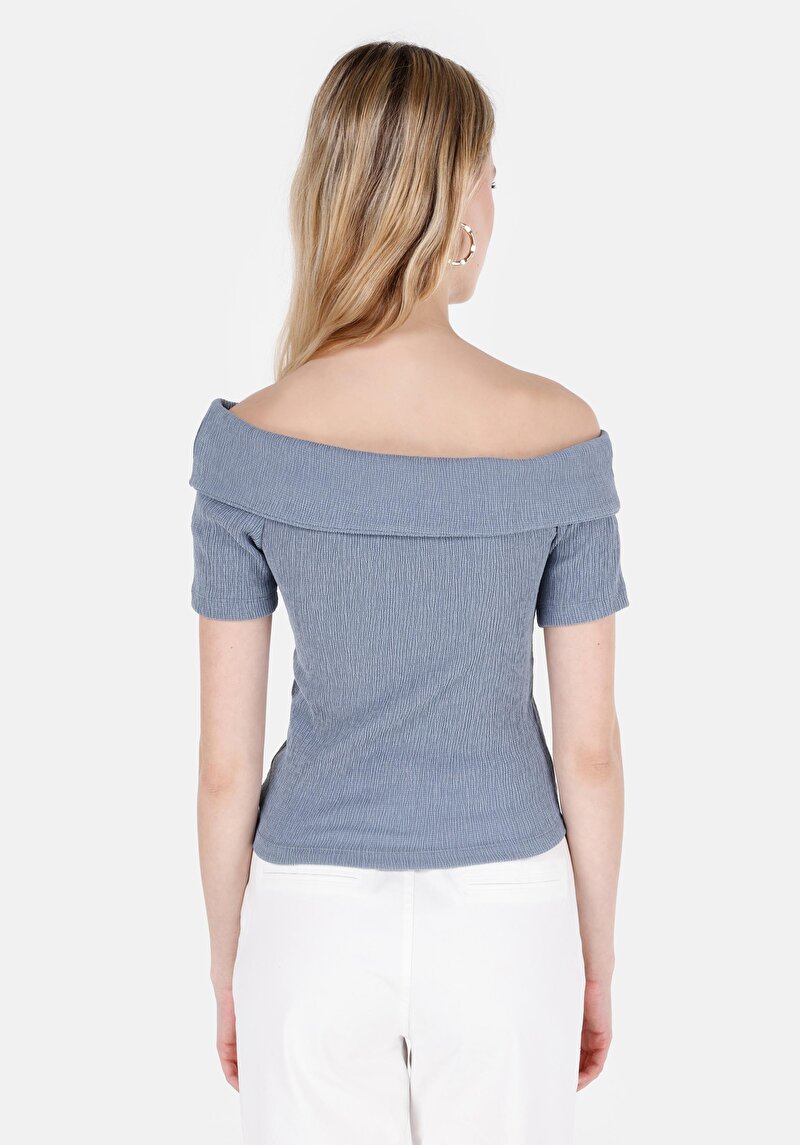 Slim Fit Kayık Yaka Düz Kadın Mavi ¾ Kol Tişört