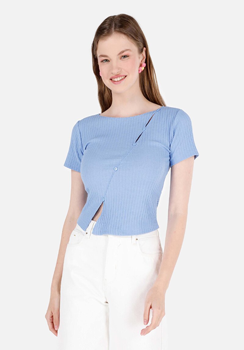 Slim Fit Yuvarlak Yaka Jakarlı Kadın Mavi Kısa Kol Tişört