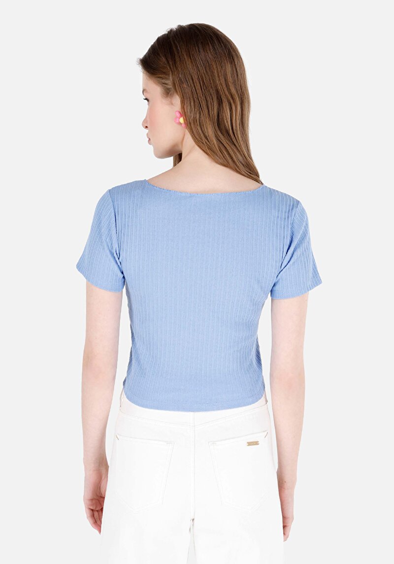 Slim Fit Yuvarlak Yaka Jakarlı Kadın Mavi Kısa Kol Tişört