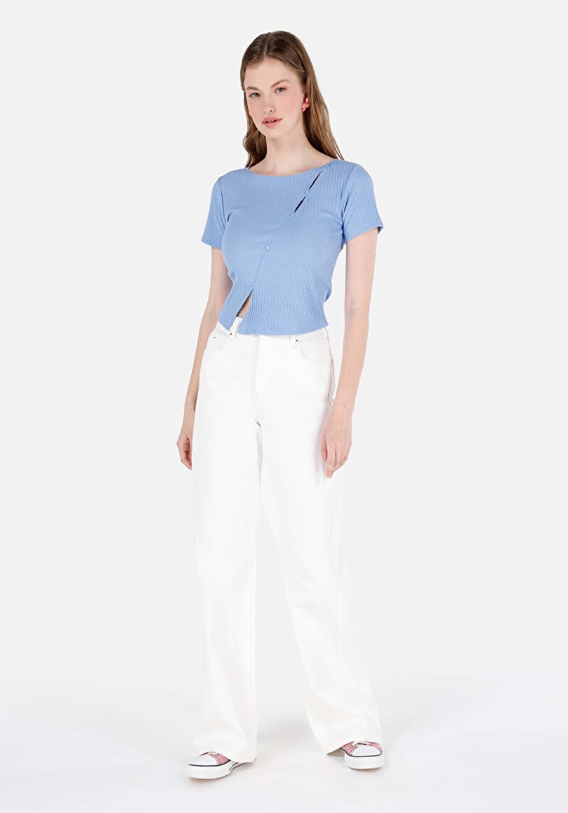 Slim Fit Yuvarlak Yaka Jakarlı Kadın Mavi Kısa Kol Tişört