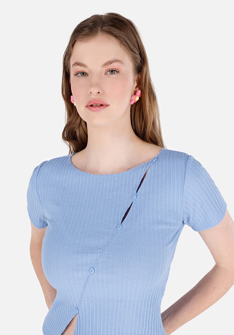 Slim Fit Yuvarlak Yaka Jakarlı Kadın Mavi Kısa Kol Tişört