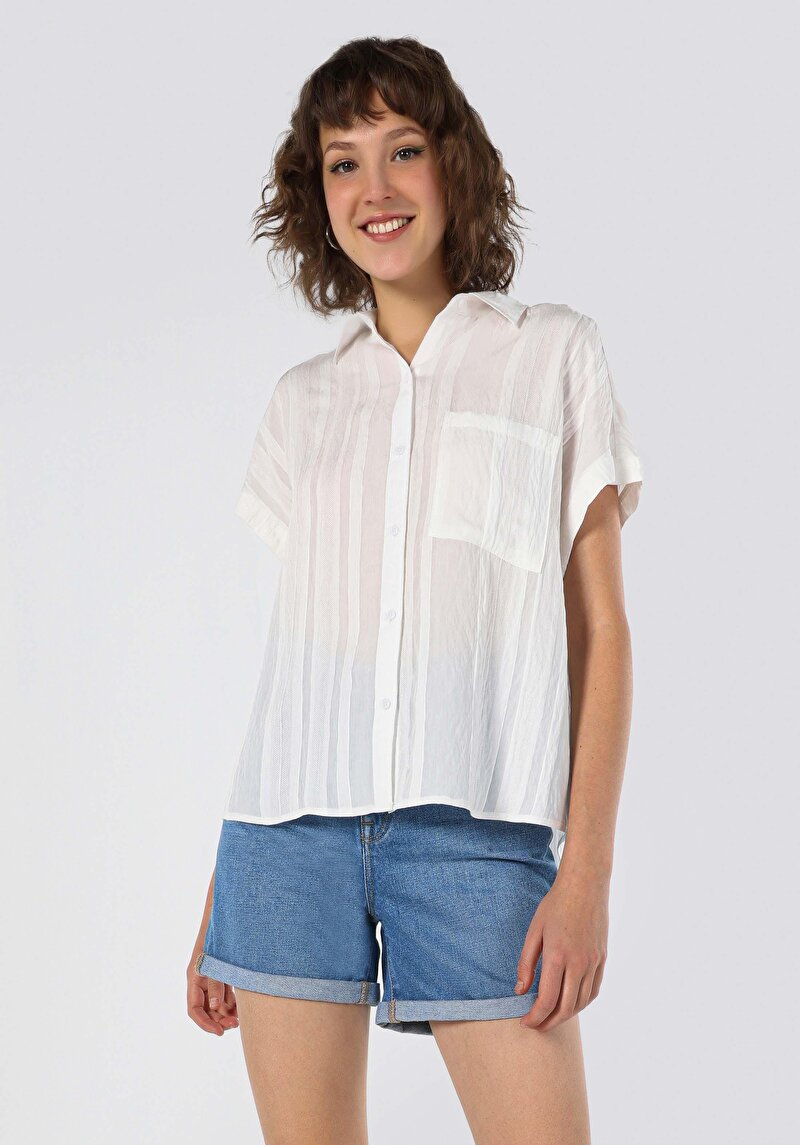 Normal Kesim Shirt Yaka Cepli Beyaz Kadın Kısa Kol Gömlek Cl1063869