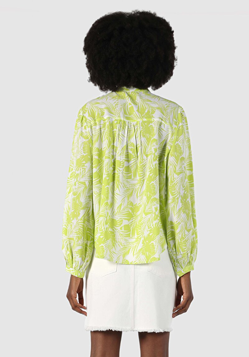 Regular Fit Shirt Neck Çiçekli Kadın Yeşil Uzun Kol Gömlek