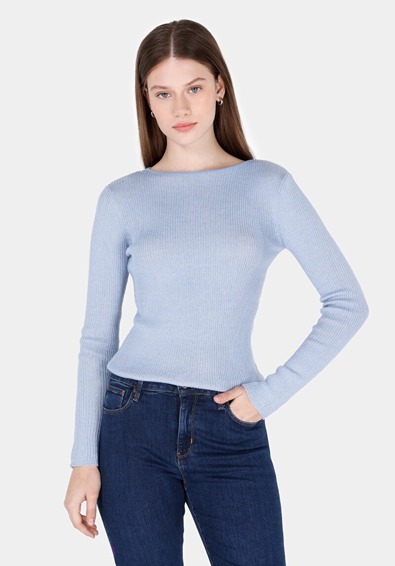 Slim Fit Kayık Yaka Düz Kadın Mavi Kazak