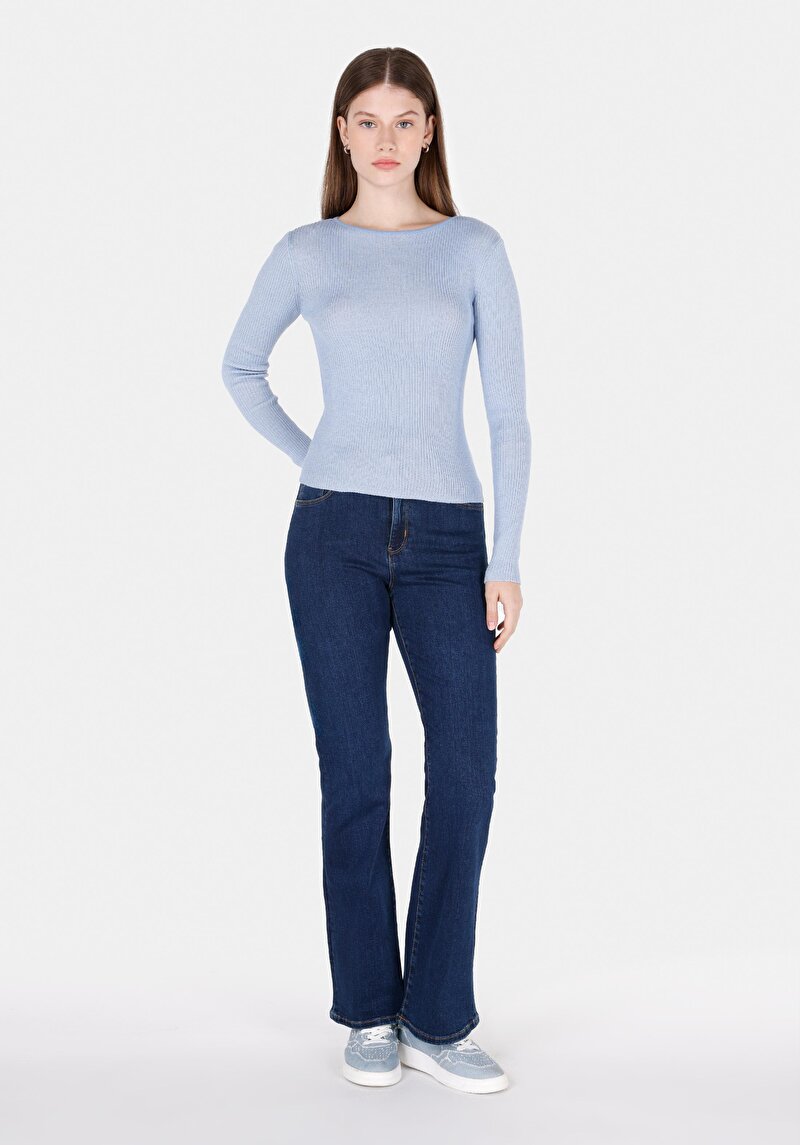 Slim Fit Kayık Yaka Düz Kadın Mavi Kazak