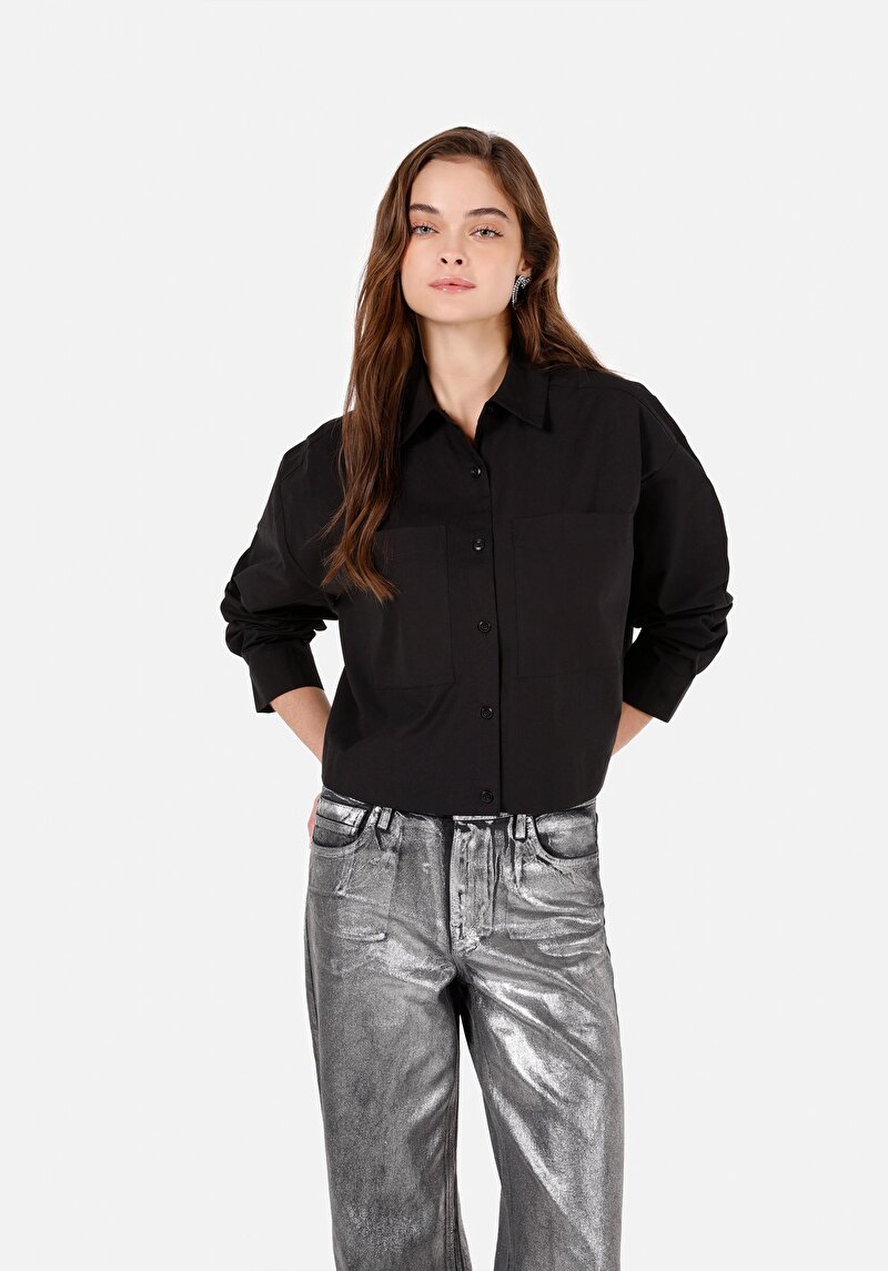 Relax Fit Shirt Neck Düz Kadın Siyah Uzun Kol Gömlek