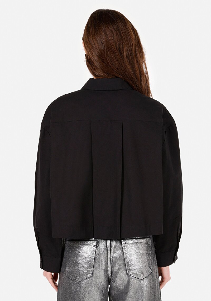 Relax Fit Shirt Neck Düz Kadın Siyah Uzun Kol Gömlek