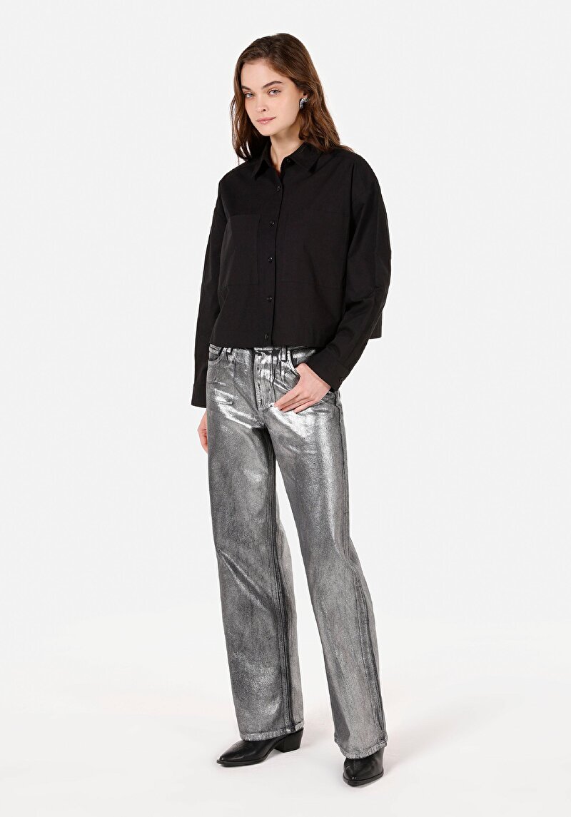 Relax Fit Shirt Neck Düz Kadın Siyah Uzun Kol Gömlek