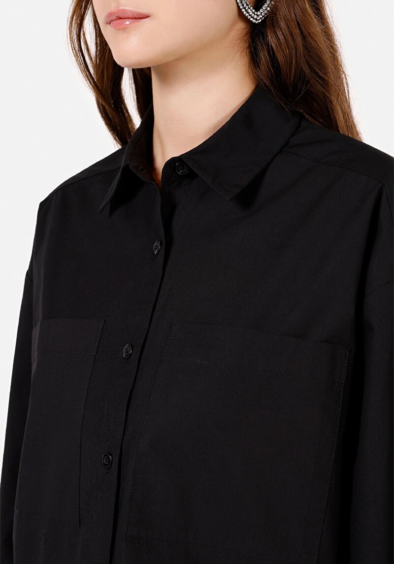 Relax Fit Shirt Neck Düz Kadın Siyah Uzun Kol Gömlek