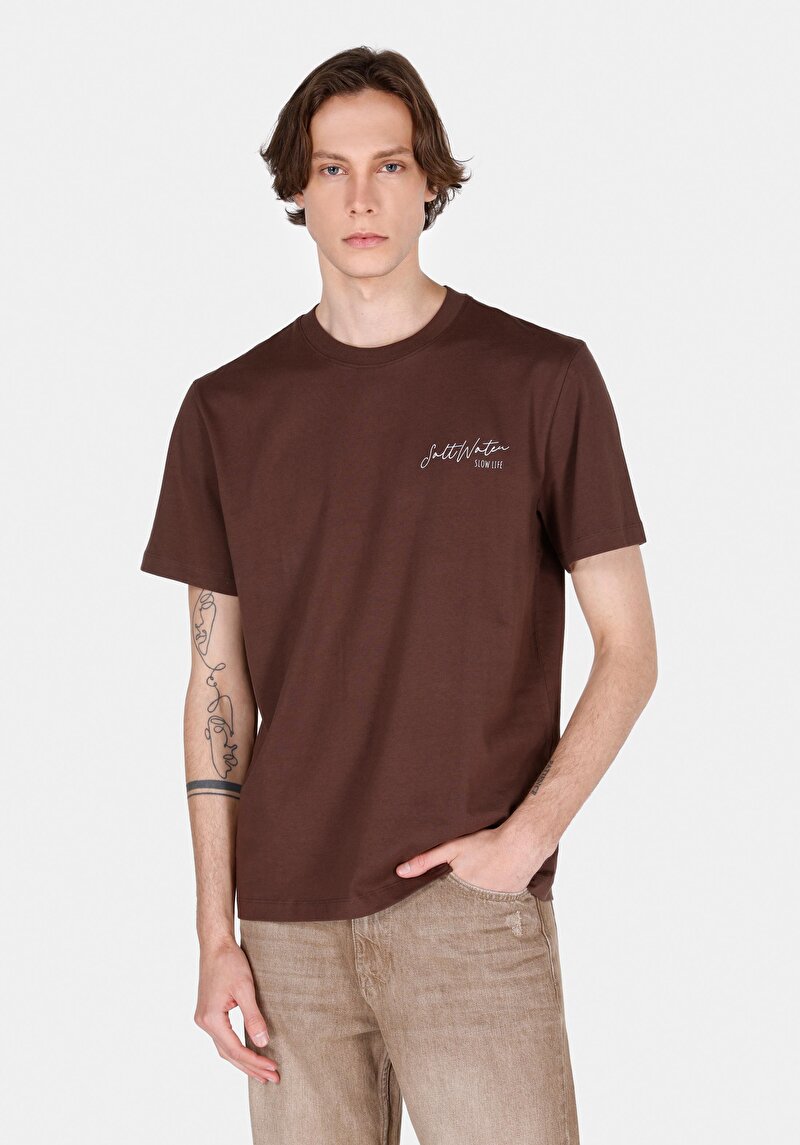 Comfort Fit Yuvarlak Yaka Düz Erkek Kahverengi Kısa Kol Tişört