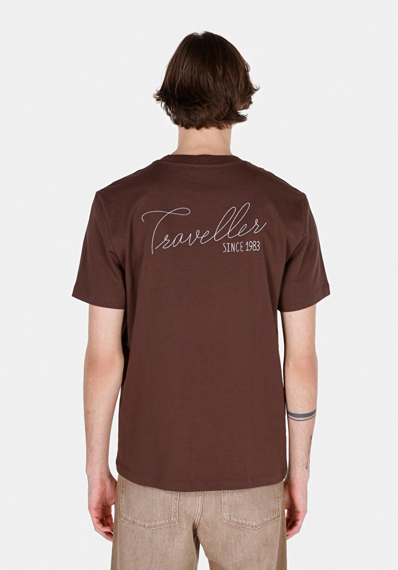 Comfort Fit Yuvarlak Yaka Düz Erkek Kahverengi Kısa Kol Tişört