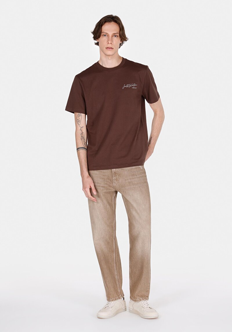 Comfort Fit Yuvarlak Yaka Düz Erkek Kahverengi Kısa Kol Tişört