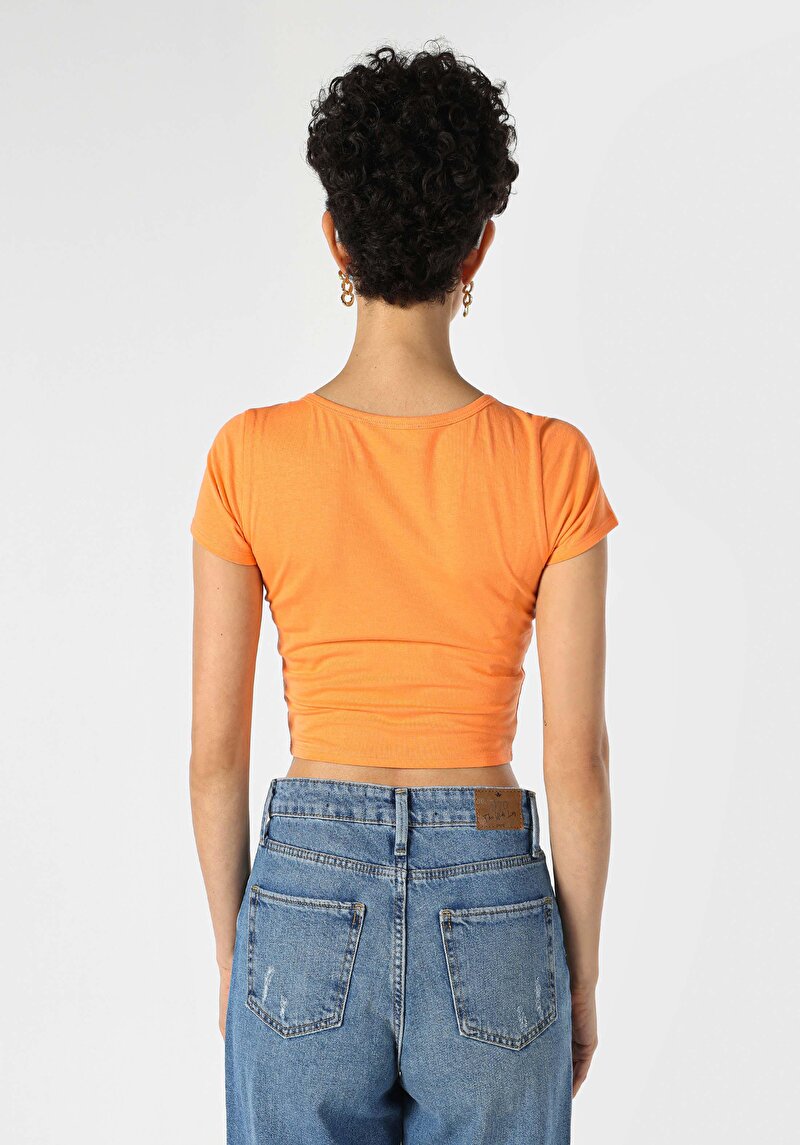 Slim Fit Kare Yaka Kadın Turuncu Kısa Kol Tişört