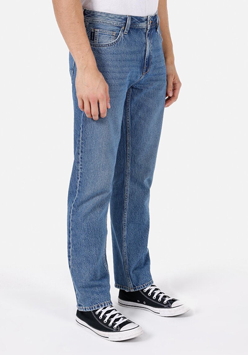 Regular Fit Orta Bel Düz Paça Erkek İndigo Jean Pantolon