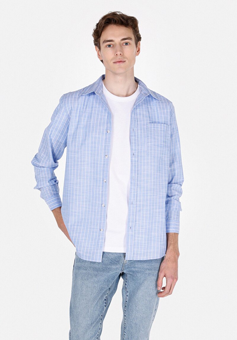 Regular Fit Shirt Neck Çizgili Erkek Mavi Uzun Kol Gömlek