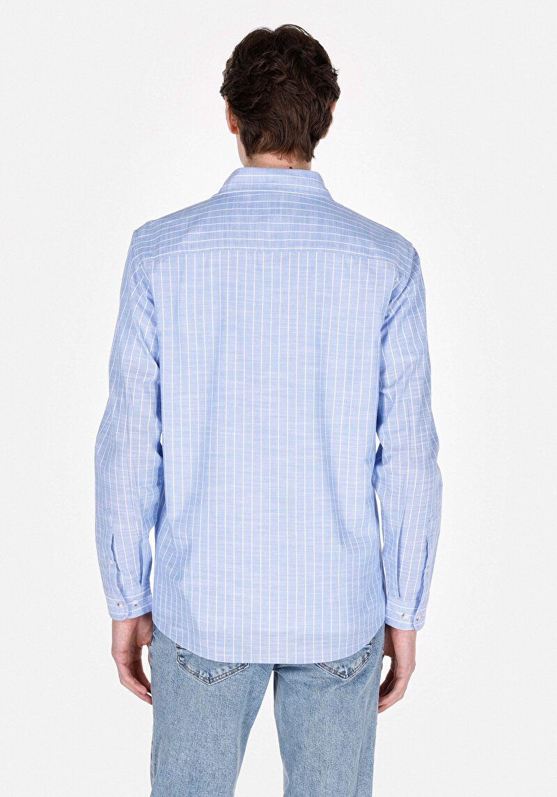 Regular Fit Shirt Neck Çizgili Erkek Mavi Uzun Kol Gömlek