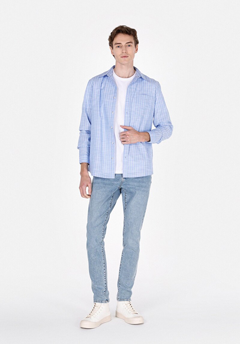 Regular Fit Shirt Neck Çizgili Erkek Mavi Uzun Kol Gömlek