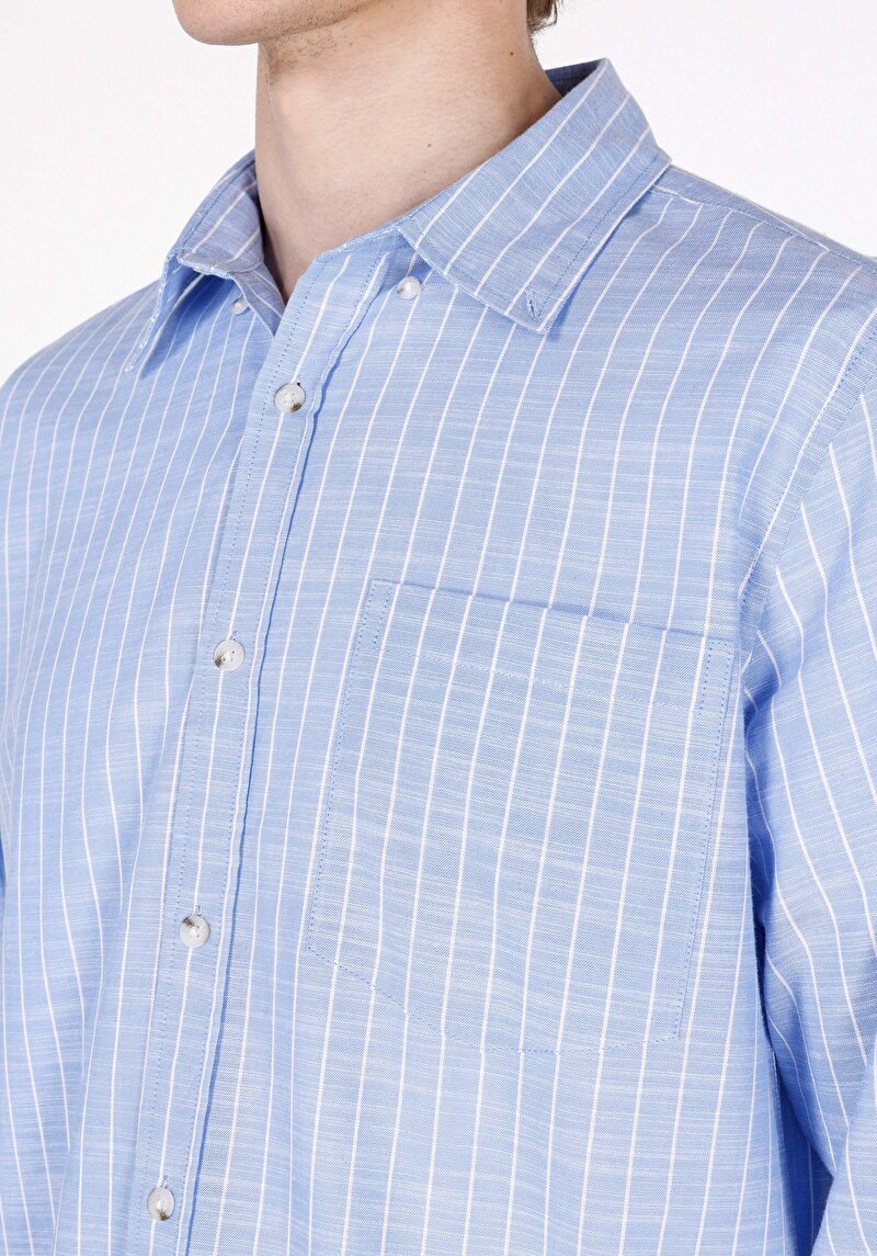 Regular Fit Shirt Neck Çizgili Erkek Mavi Uzun Kol Gömlek