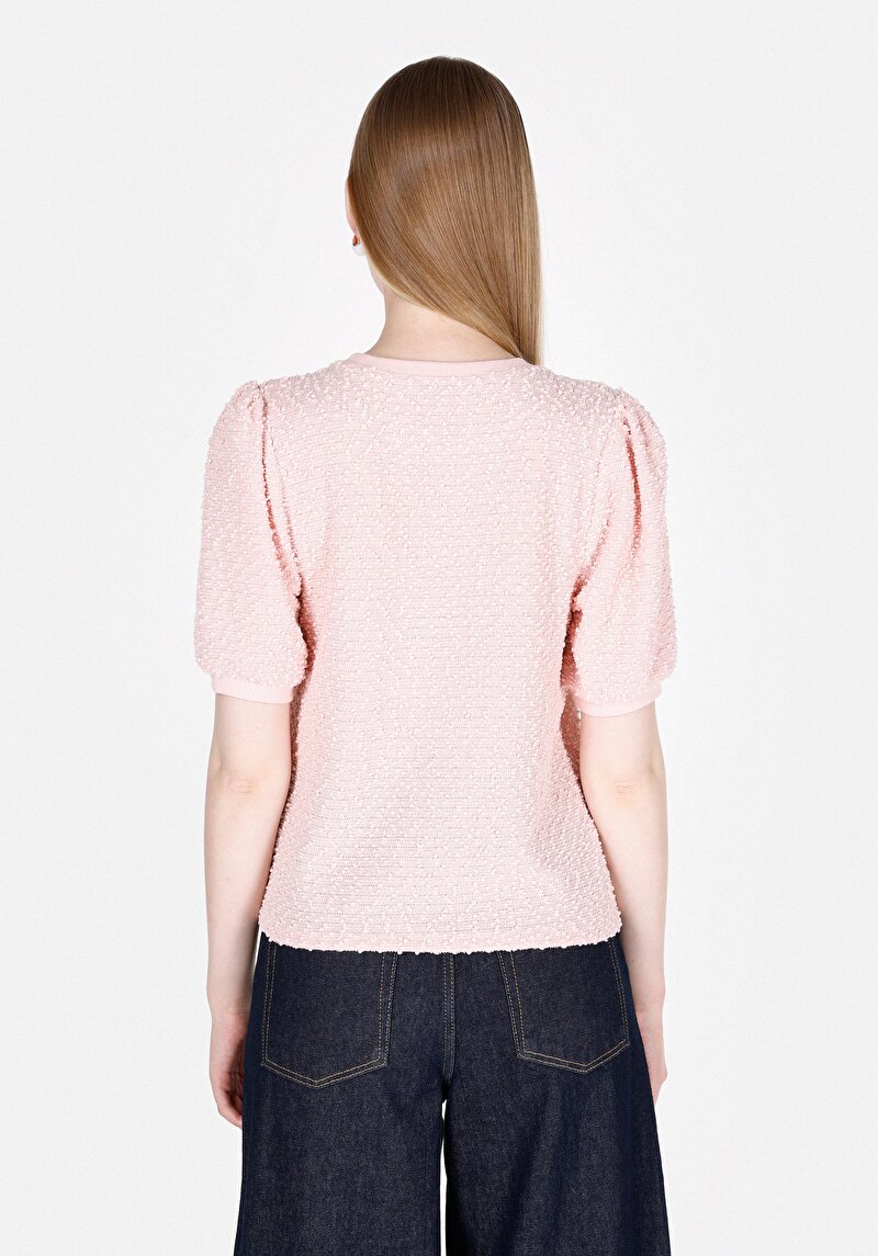 Regular Fit Yuvarlak Yaka Jakarlı Kadın Pembe Kısa Kol Tişört