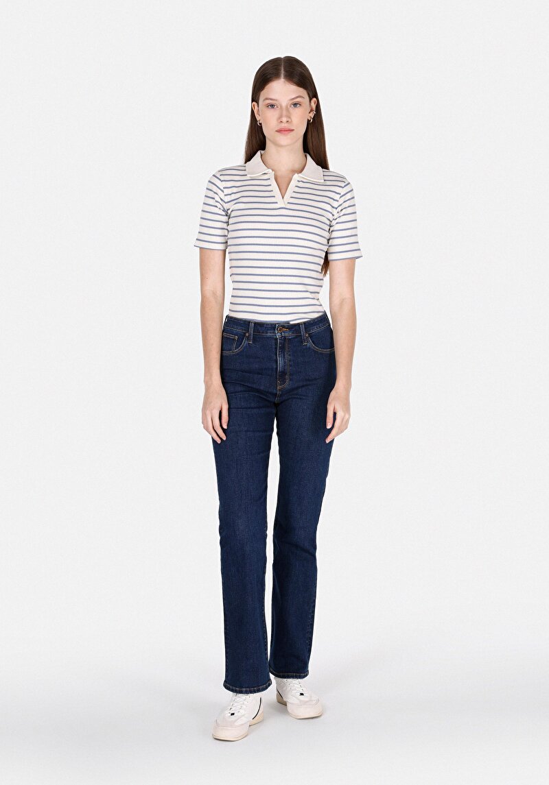 Slim Fit Polo Yaka Çizgili Kadın Mavi Kısa Kol Tişört