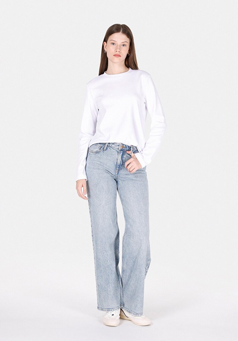 Regular Fit Yüksek Bel Geniş Paça Kadın İndigo Jean Pantolon