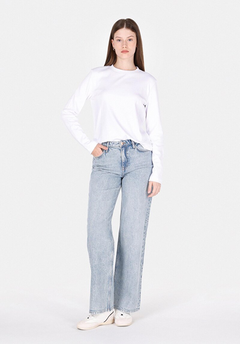 Regular Fit Yüksek Bel Geniş Paça Kadın İndigo Jean Pantolon