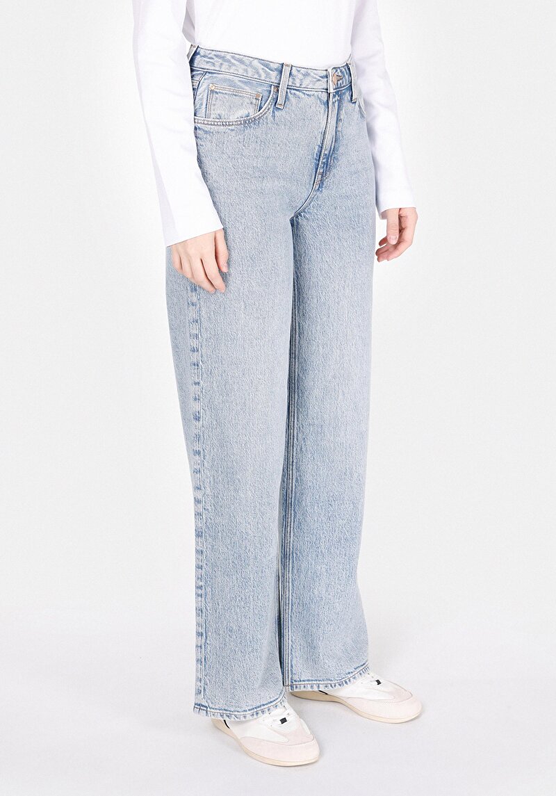 Regular Fit Yüksek Bel Geniş Paça Kadın İndigo Jean Pantolon