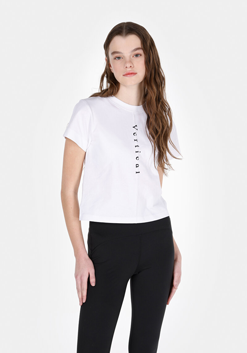 Slim Fit Yuvarlak Yaka Baskılı Kadın Beyaz Kısa Kol Tişört