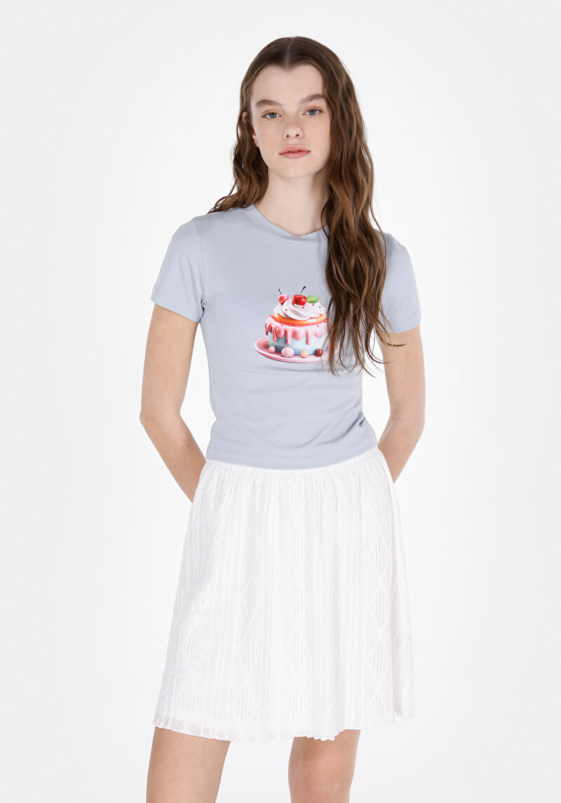 Slim Fit Yuvarlak Yaka Baskılı Kadın Mavi Kısa Kol Tişört