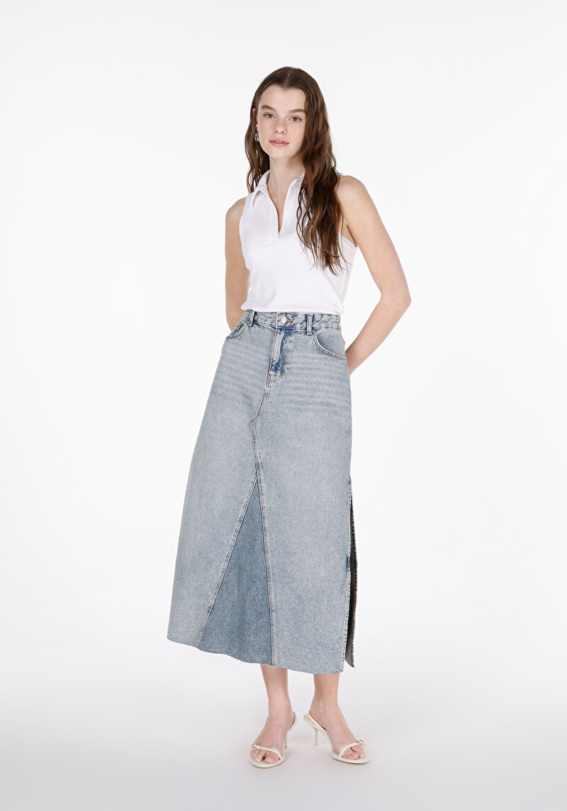 Slim Fit Düz Astarsız Fermuarlı Kadın Light İndigo Denim Etek