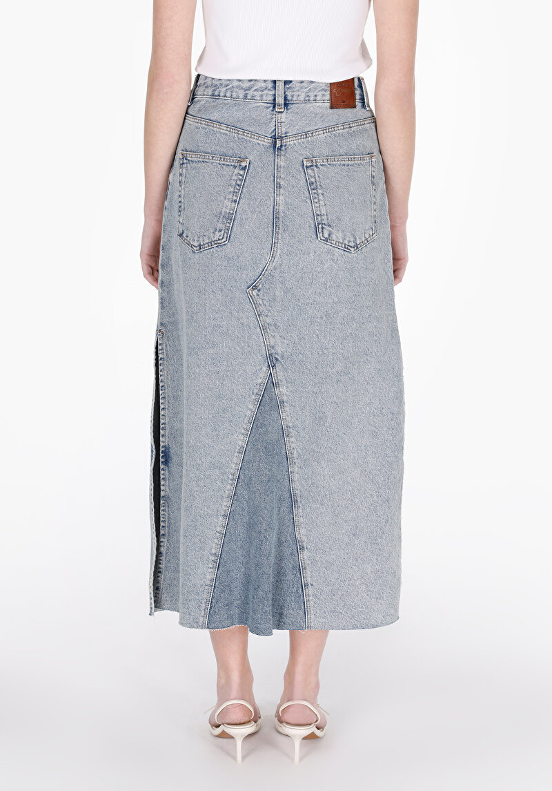 Slim Fit Düz Astarsız Fermuarlı Kadın Light İndigo Denim Etek