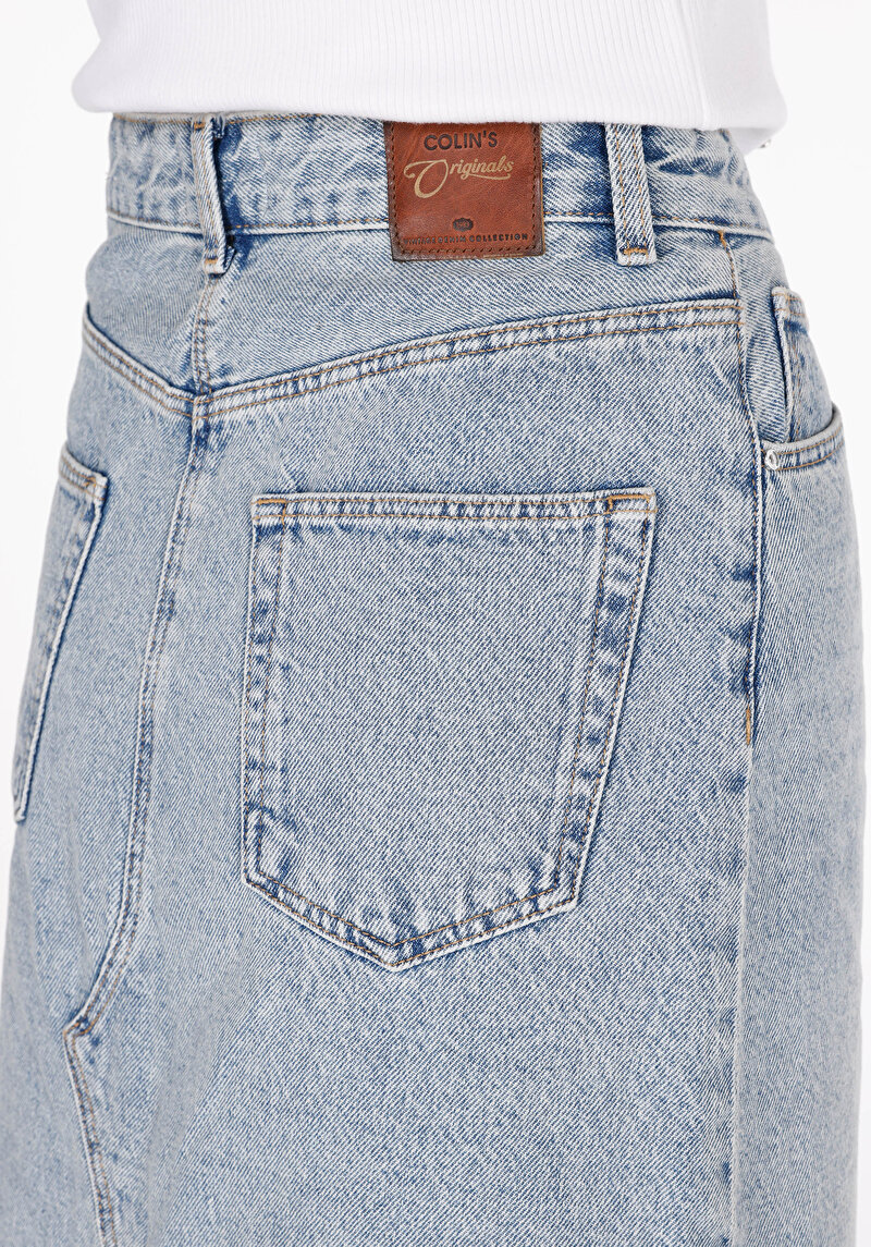 Slim Fit Düz Astarsız Fermuarlı Kadın Light İndigo Denim Etek