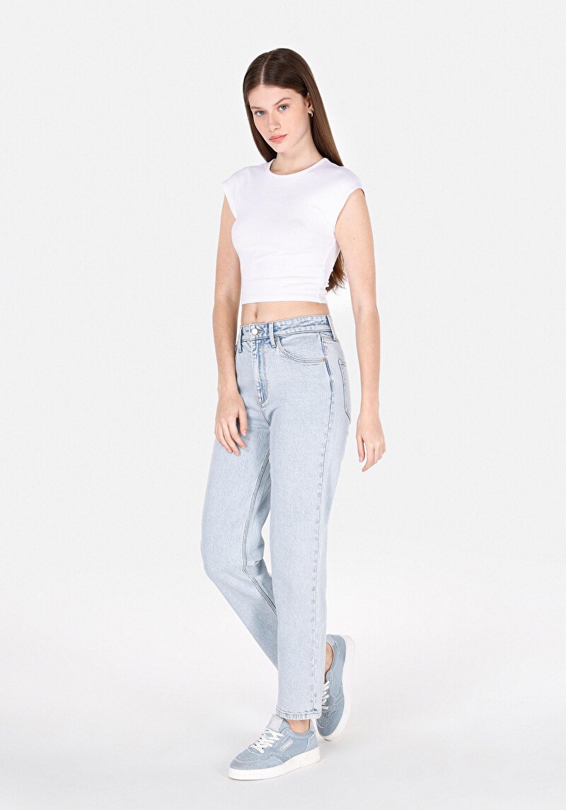 Straight Fit Yüksek Bel Düz Paça Kadın İndigo Jean Pantolon