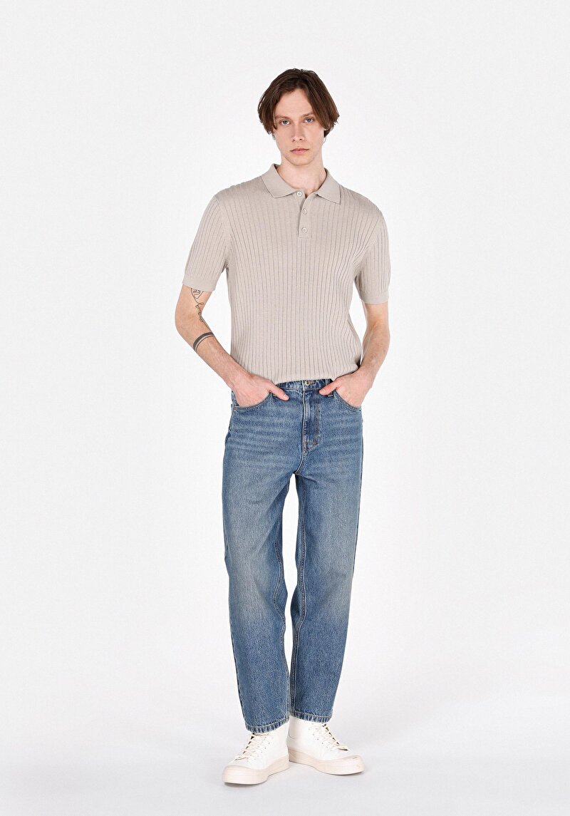Baggy Fit Orta Bel Bol Paça Erkek İndigo Jean Pantolon