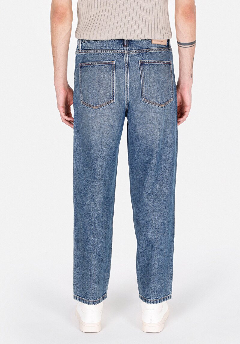 Baggy Fit Orta Bel Bol Paça Erkek İndigo Jean Pantolon
