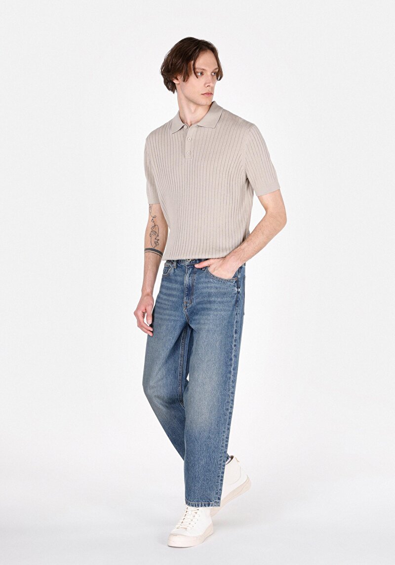 Baggy Fit Orta Bel Bol Paça Erkek İndigo Jean Pantolon