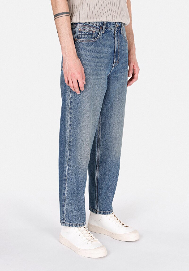 Baggy Fit Orta Bel Bol Paça Erkek İndigo Jean Pantolon